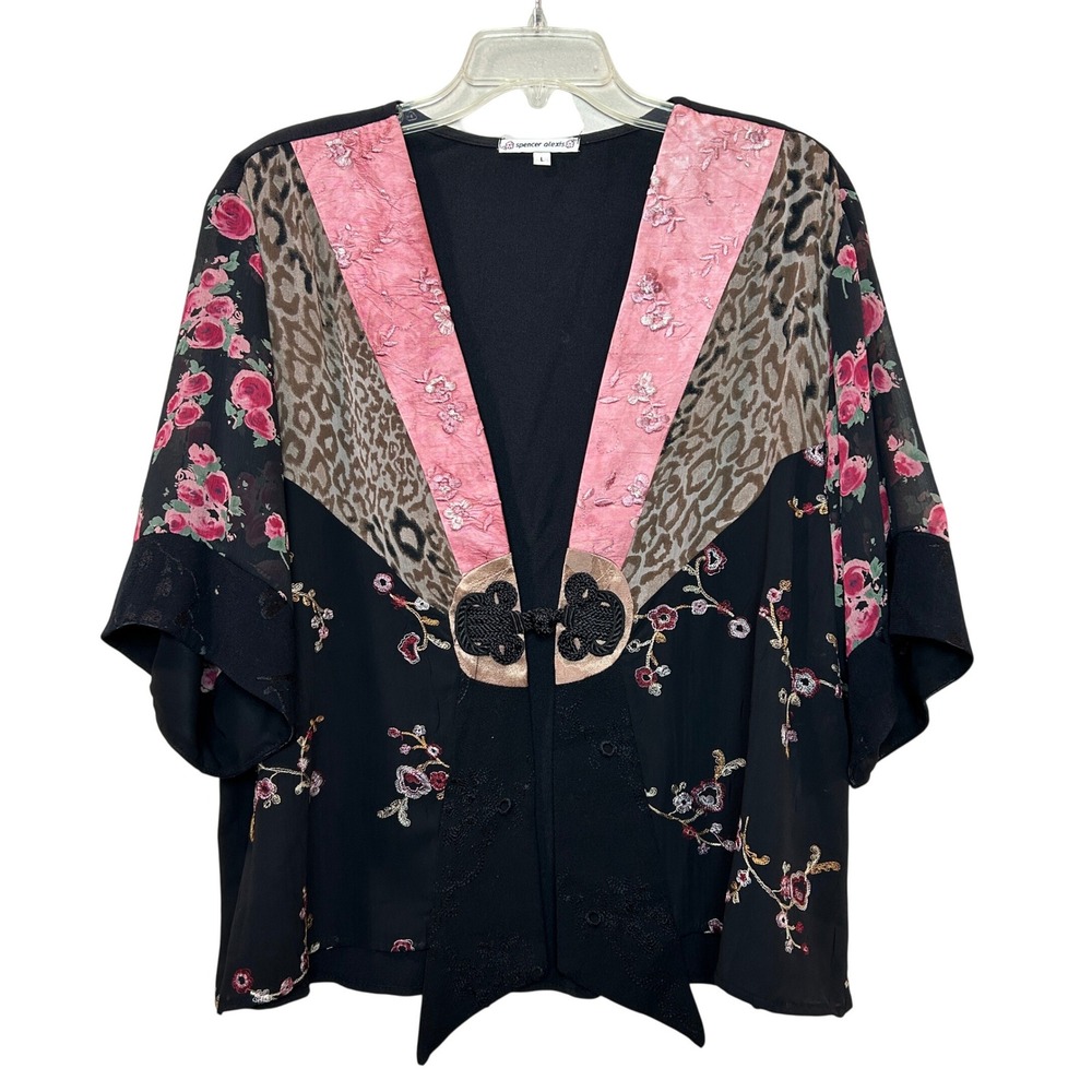 Spencer Alexis Jacket Womens Large Black Mixed Media Floral Leopard Silk Blend